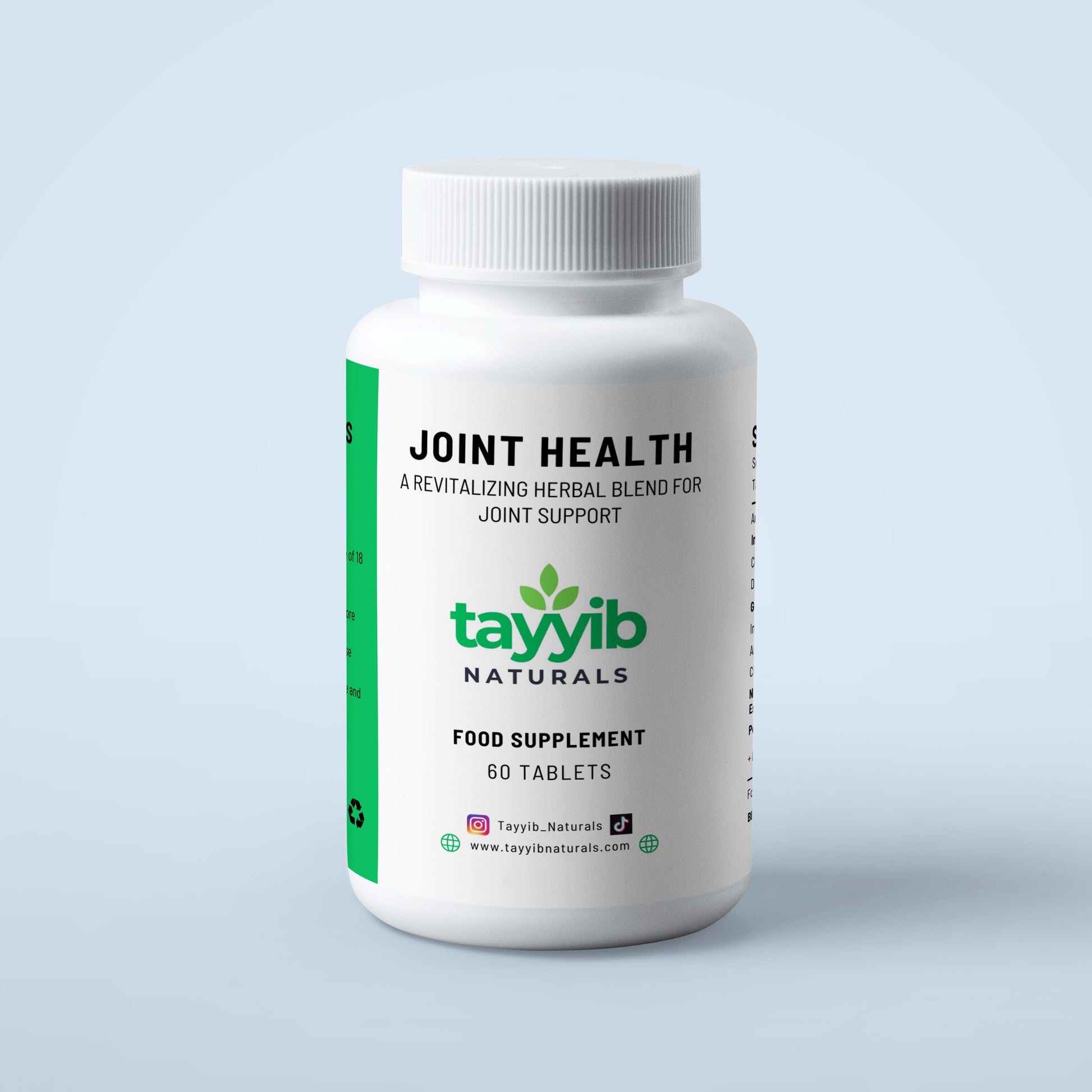 A bottle of Tayyib Naturals Joint Health supplement with 60 tablets, labeled as a food supplement.